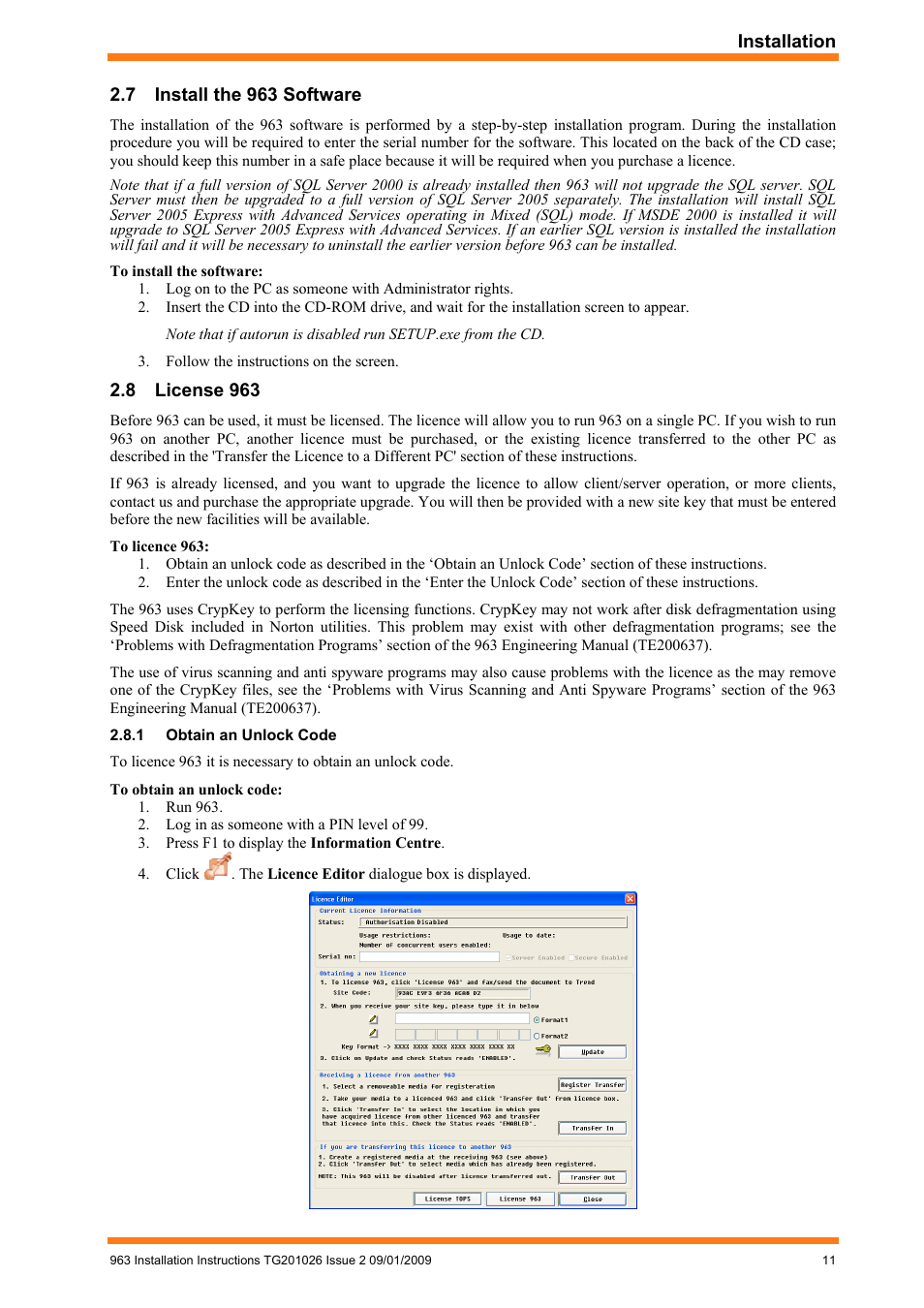 Install the 963 software, 8 license 963, Obtain an unlock code | License 963 | TREND 963 Installation User Manual | Page 11 / 32