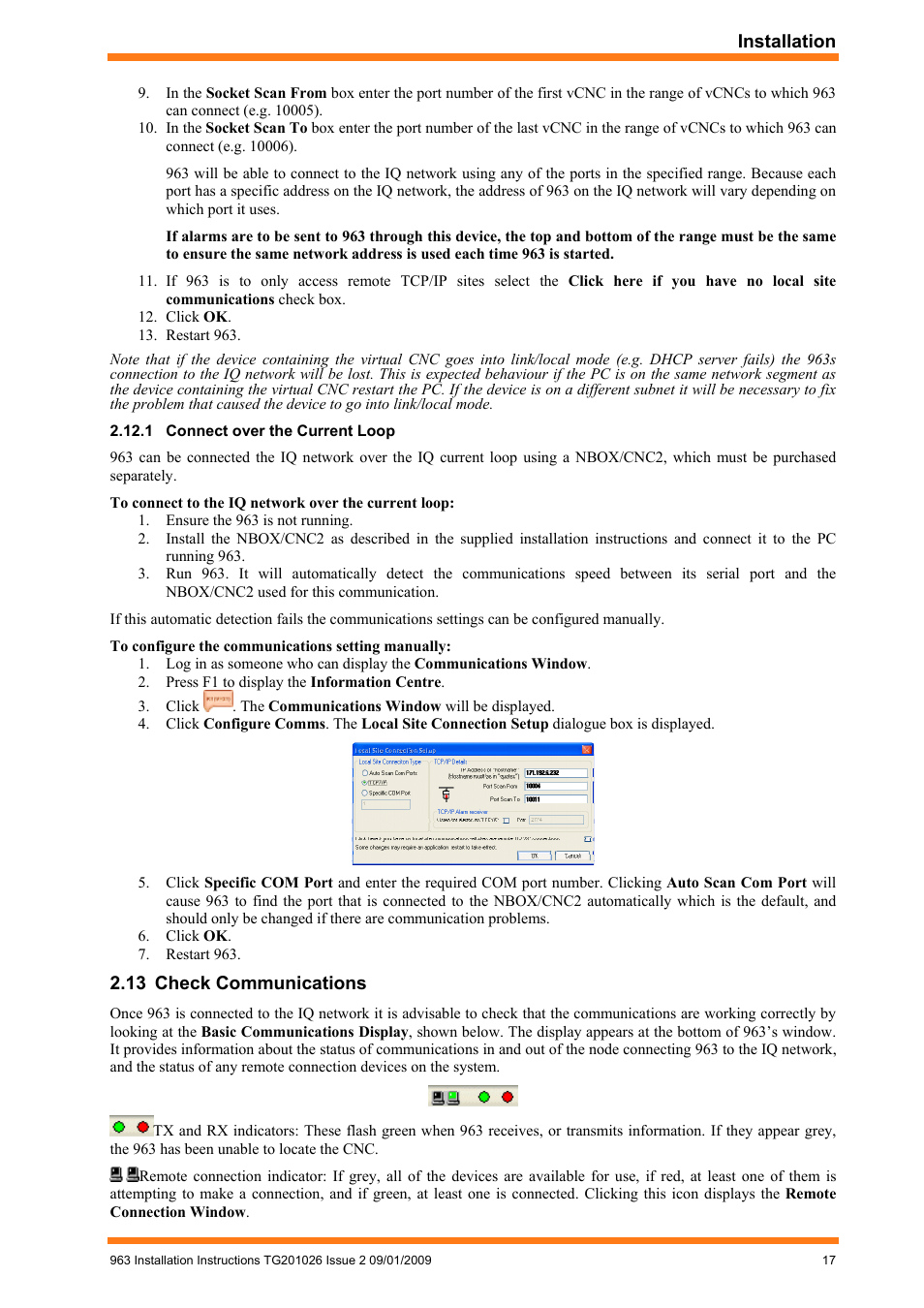 Connect over the current loop, Check communications | TREND 963 Installation User Manual | Page 17 / 32