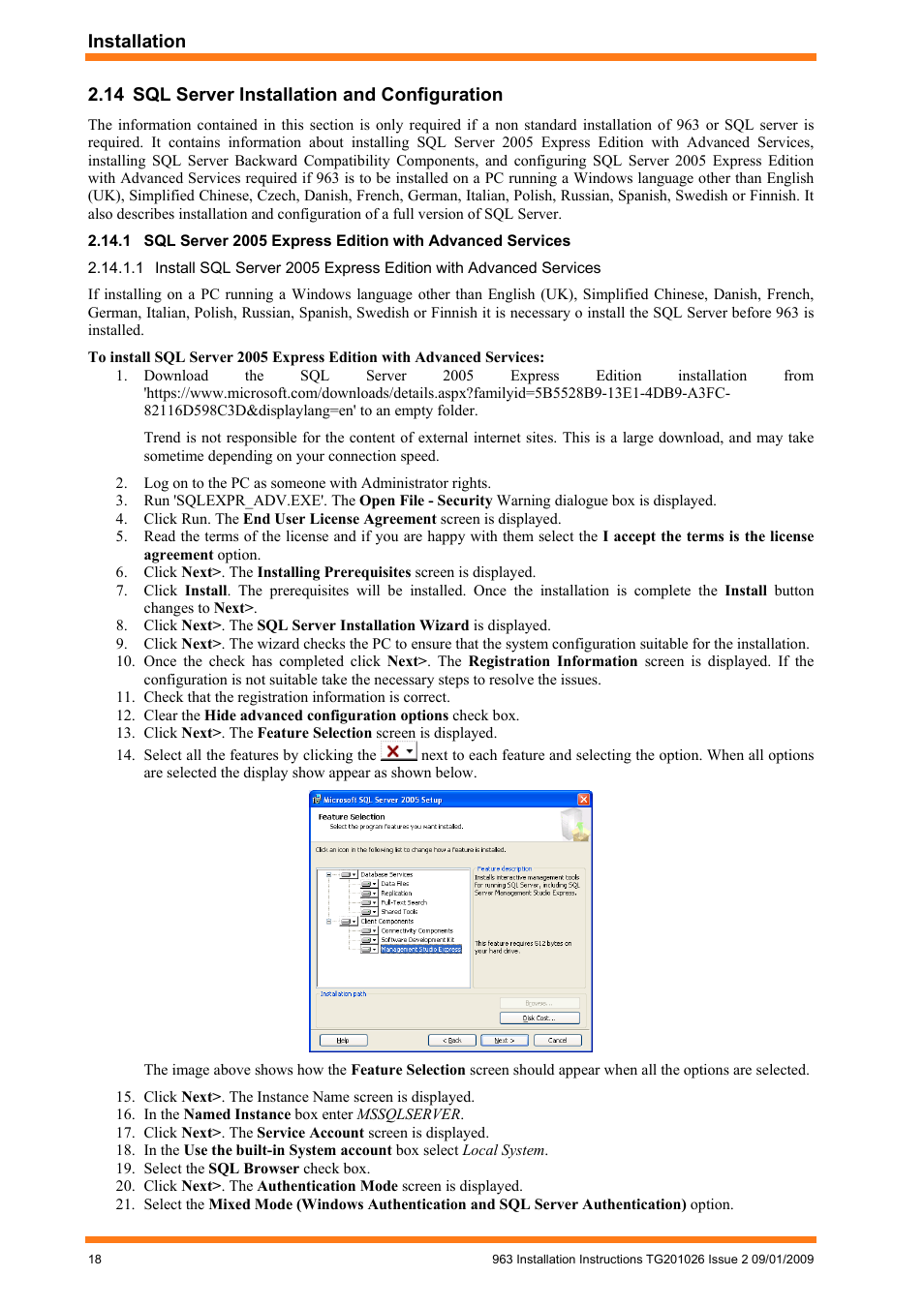 14 sql server installation and configuration, Sql server installation and configuration | TREND 963 Installation User Manual | Page 18 / 32