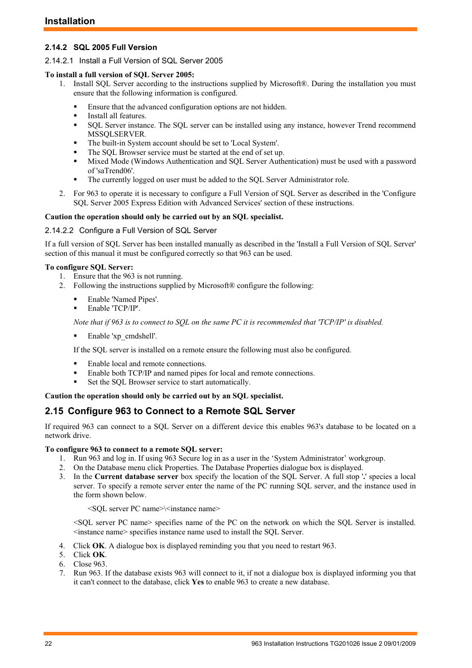 2 sql 2005 full version, 1 install a full version of sql server 2005, Configure a full version of sql server | Configure 963 to connect to a remote sql server, Sql 2005 full version | TREND 963 Installation User Manual | Page 22 / 32