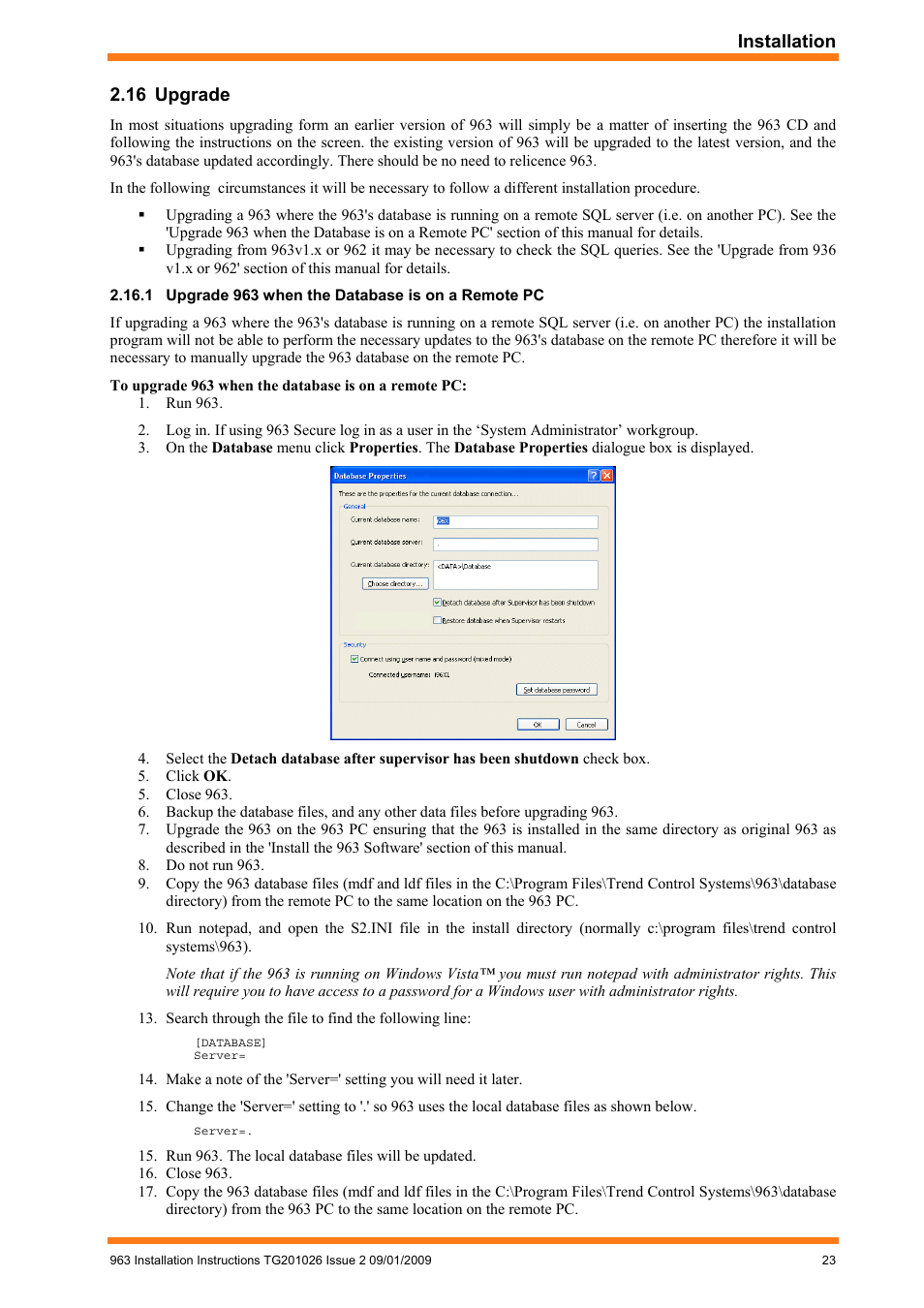 16 upgrade, 1 upgrade 963 when the database is on a remote pc, Upgrade | Upgrade 963 when the database is on a remote pc | TREND 963 Installation User Manual | Page 23 / 32