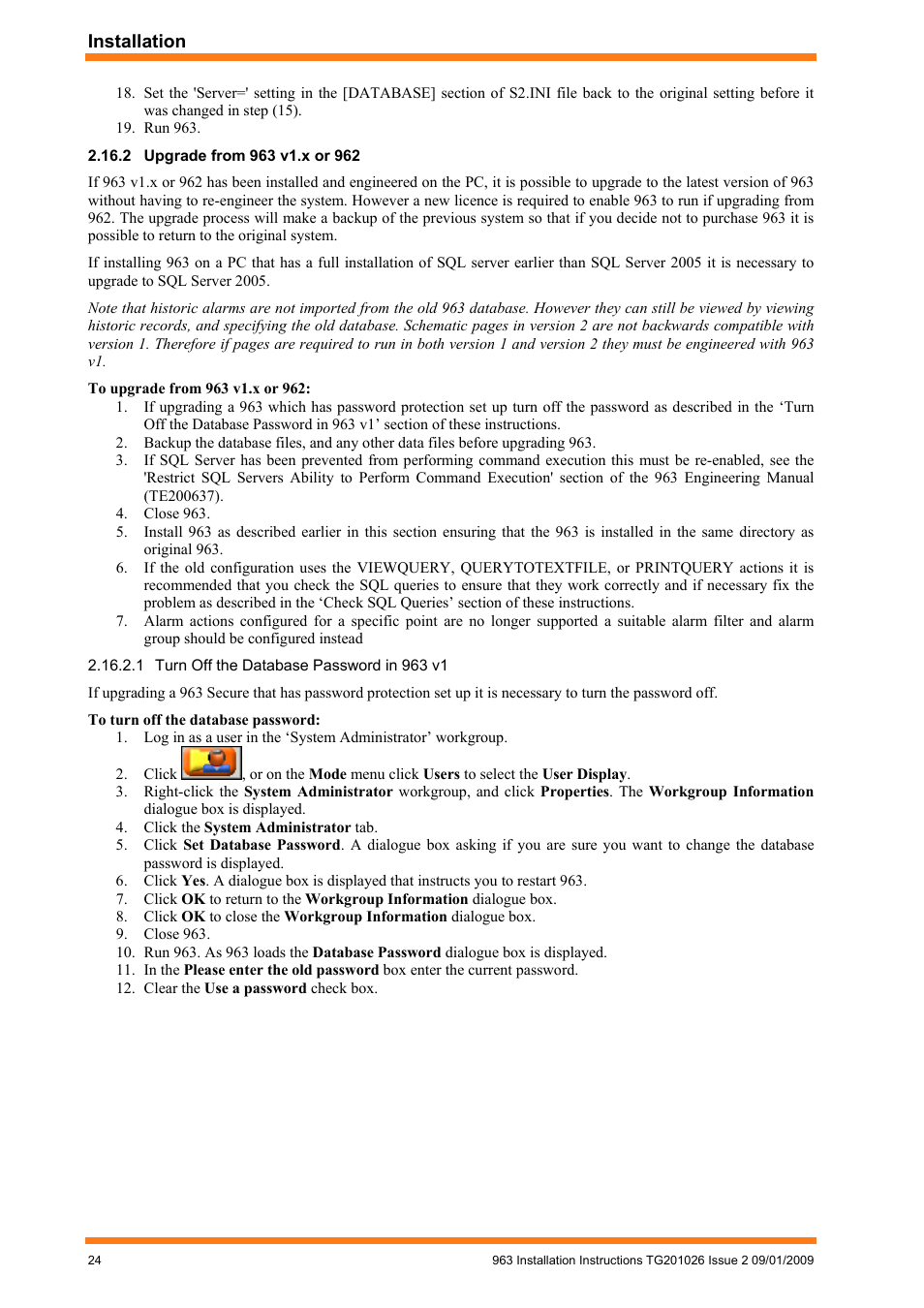 2 upgrade from 963 v1.x or 962, Turn off the database password in 963 v1, Upgrade from 963 v1.x or 962 | TREND 963 Installation User Manual | Page 24 / 32