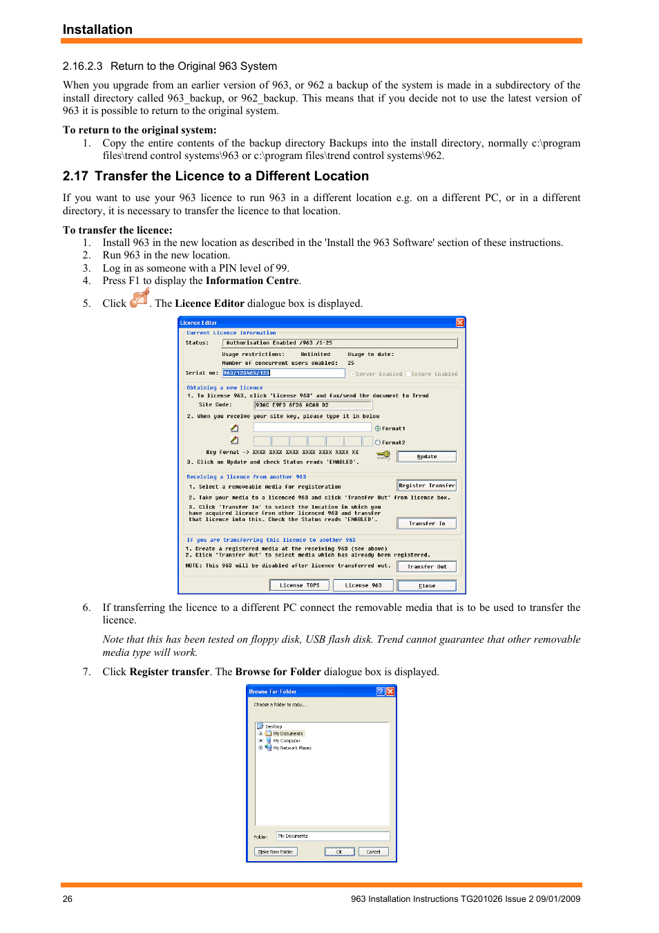 Return to the original 963 system, Transfer the licence to a different location | TREND 963 Installation User Manual | Page 26 / 32
