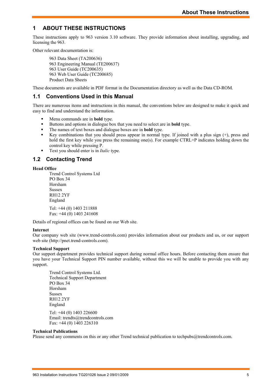 1 about these instructions, Conventions used in this manual, Contacting trend | About these instructions | TREND 963 Installation User Manual | Page 5 / 32