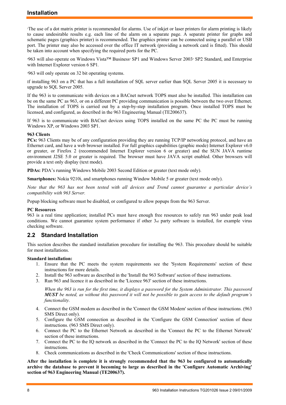 Standard installation, Installation, 2 standard installation | TREND 963 Installation User Manual | Page 8 / 32