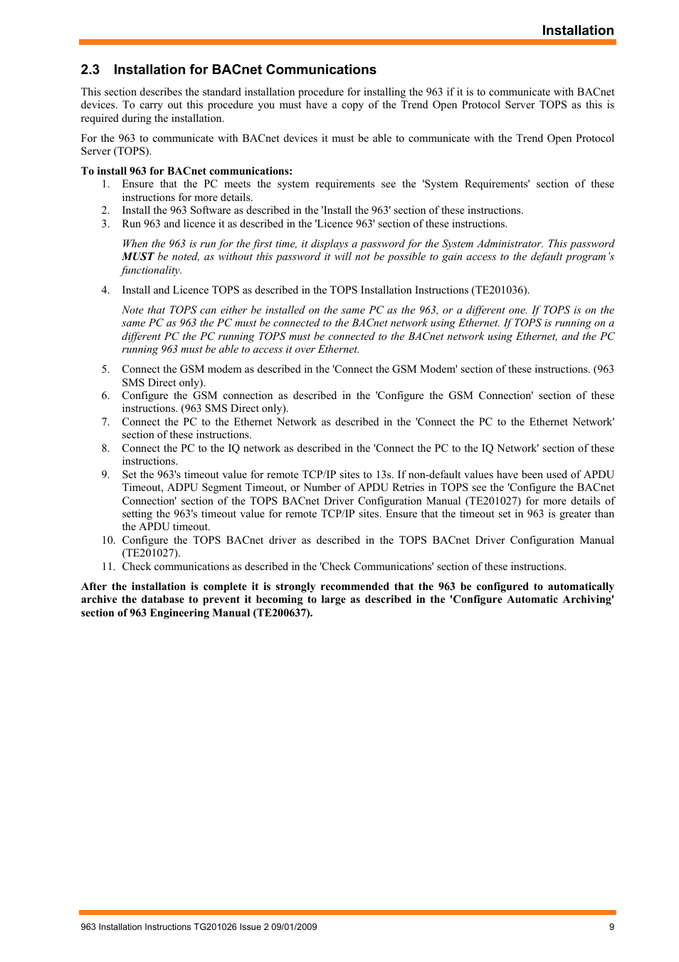 Installation for bacnet communications | TREND 963 Installation User Manual | Page 9 / 32