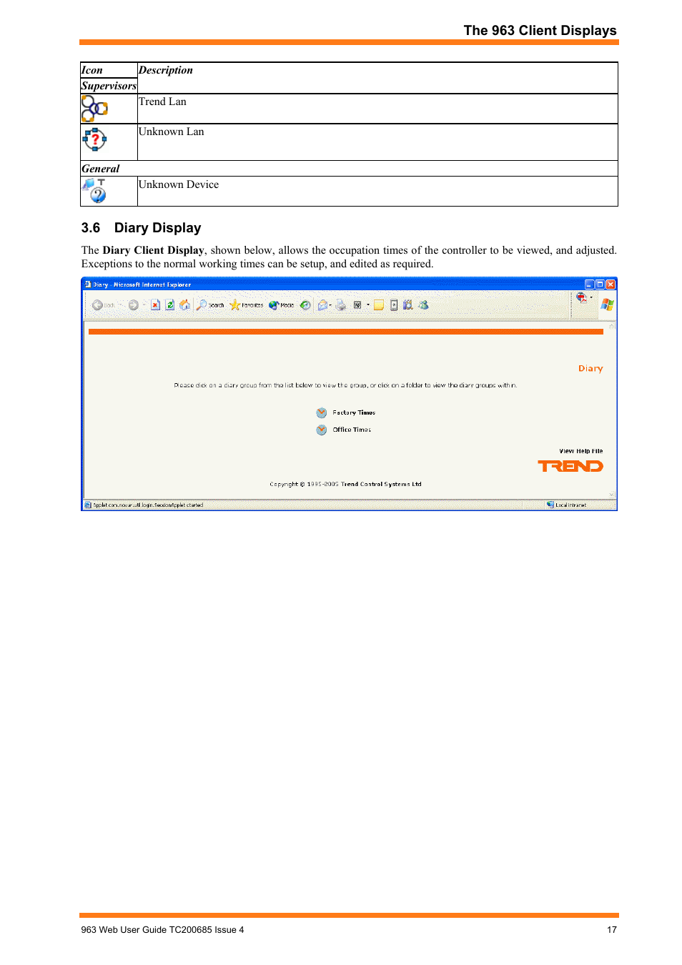 Diary display | TREND 963 Web User Guide User Manual | Page 17 / 50