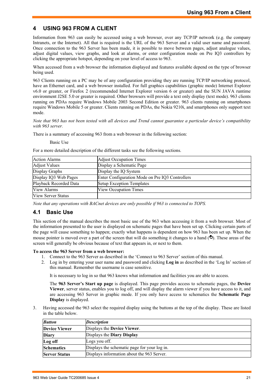 Using 963 from a client, Basic use | TREND 963 Web User Guide User Manual | Page 21 / 50