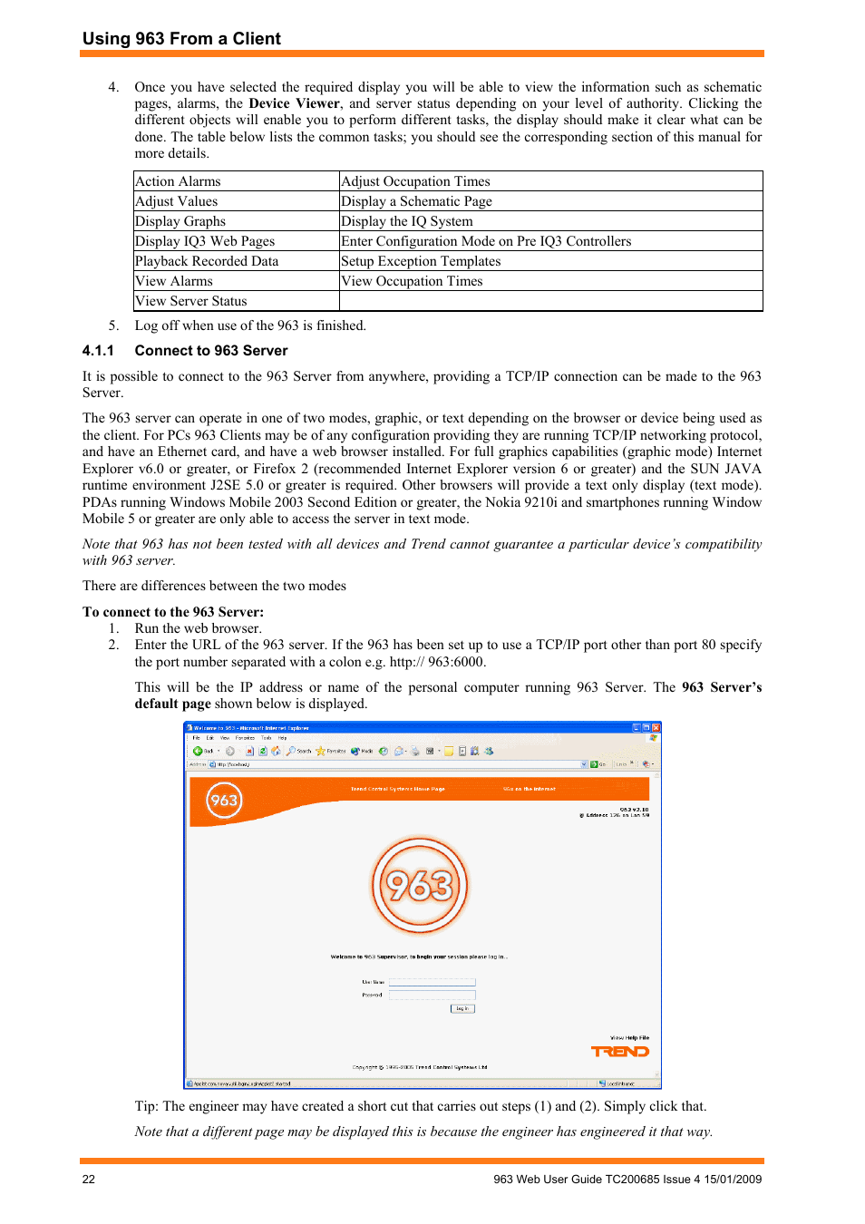 Connect to 963 server | TREND 963 Web User Guide User Manual | Page 22 / 50