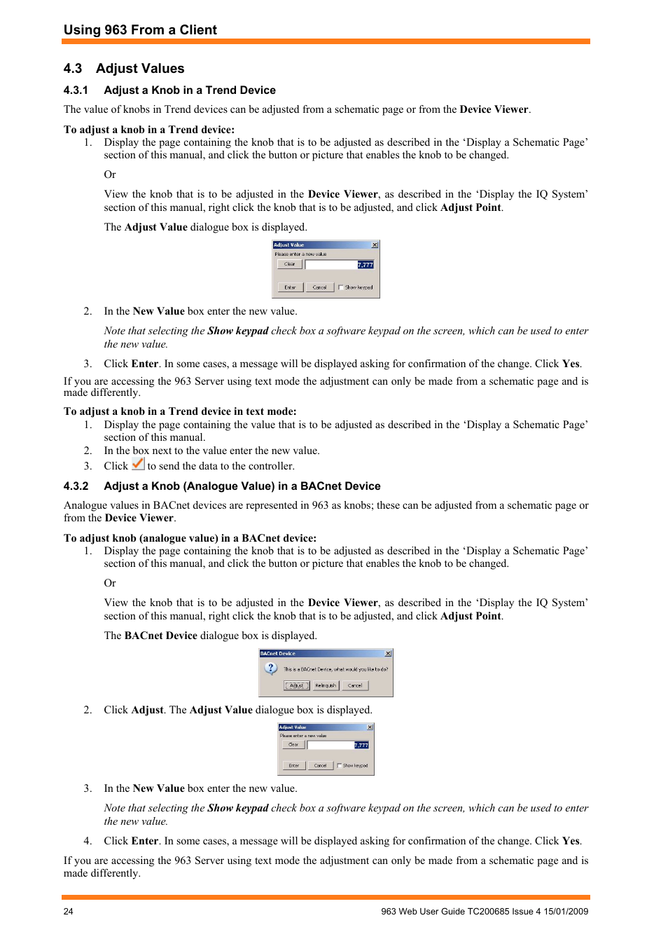 Adjust values, Adjust a knob in a trend device, Adjust a knob (analogue value) in a bacnet device | TREND 963 Web User Guide User Manual | Page 24 / 50