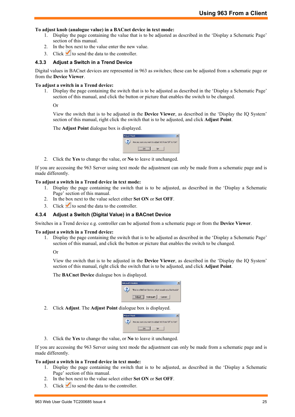 Adjust a switch in a trend device, Adjust a switch (digital value) in a bacnet device | TREND 963 Web User Guide User Manual | Page 25 / 50