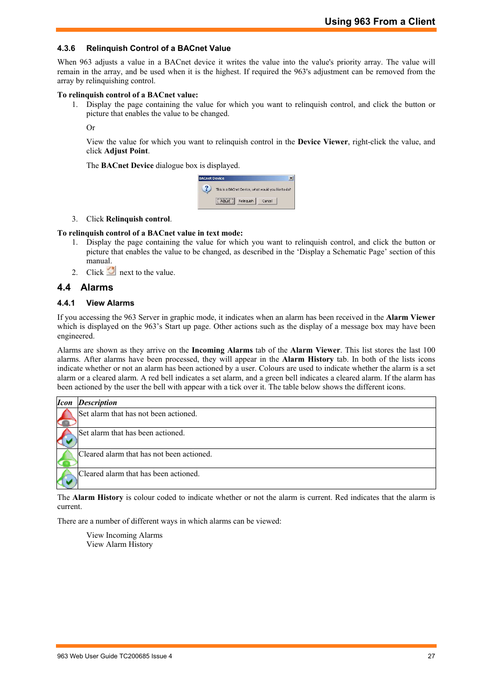 Relinquish control of a bacnet value, Alarms, View alarms | TREND 963 Web User Guide User Manual | Page 27 / 50