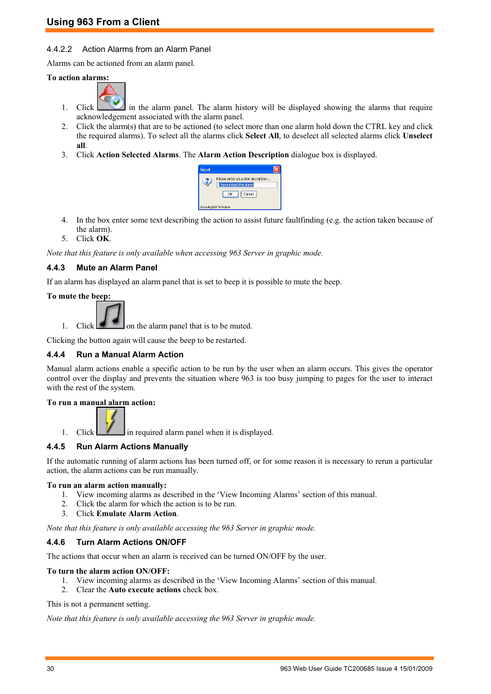 Mute an alarm panel, Run a manual alarm action, Run alarm actions manually | Turn alarm actions on/off | TREND 963 Web User Guide User Manual | Page 30 / 50