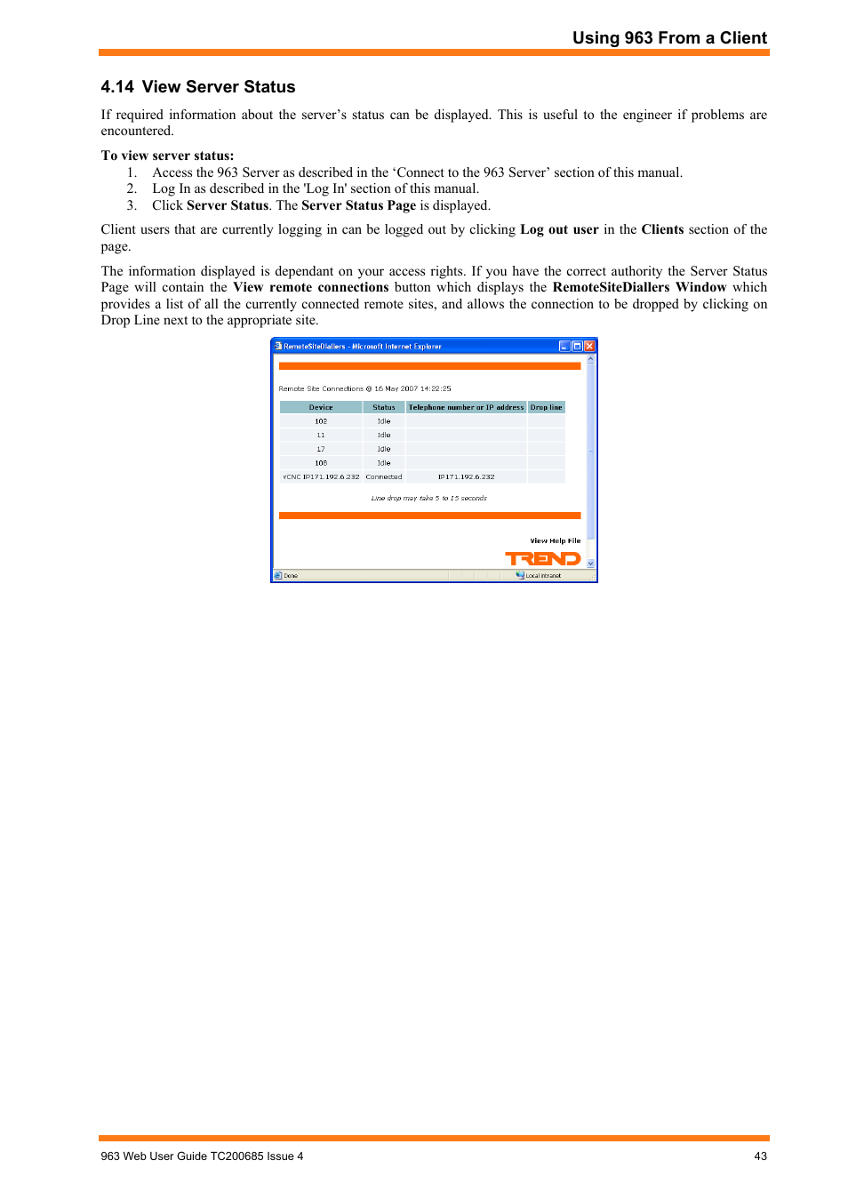 View server status | TREND 963 Web User Guide User Manual | Page 43 / 50