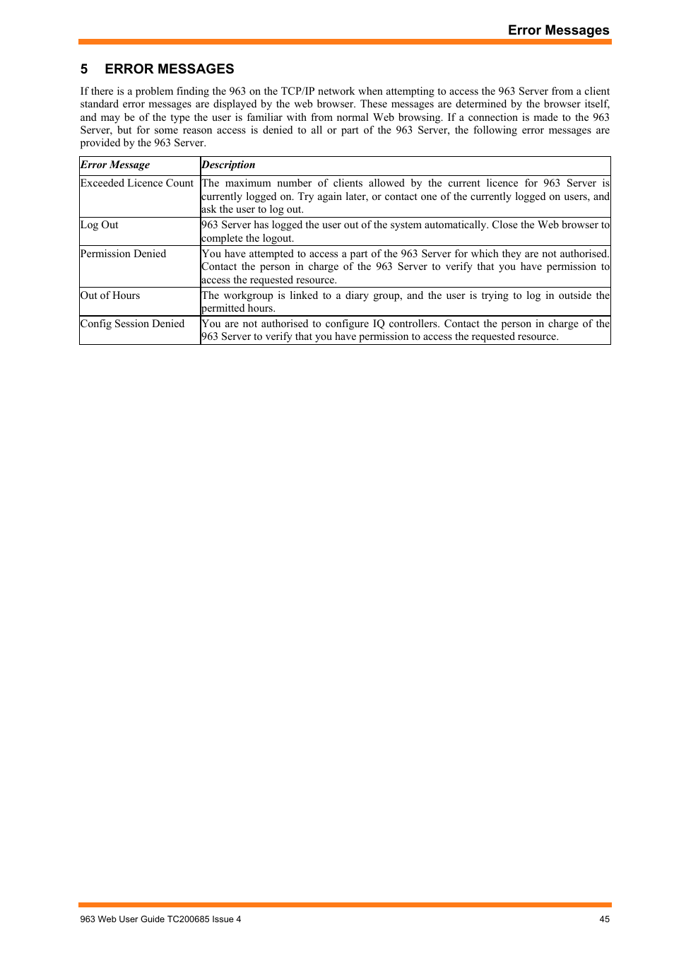 Error messages | TREND 963 Web User Guide User Manual | Page 45 / 50