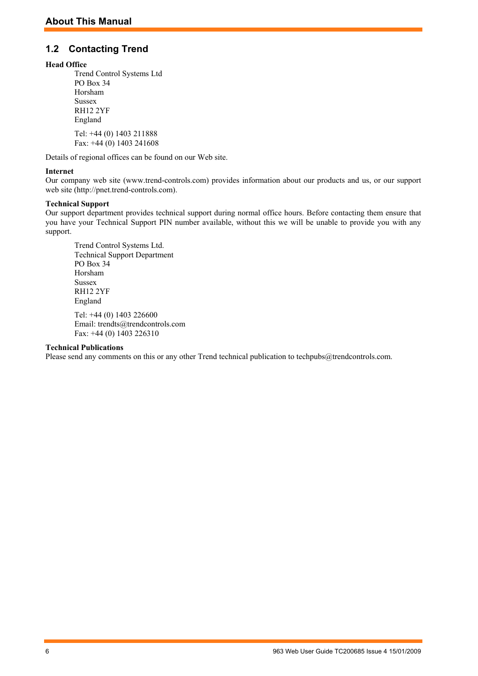 Contacting trend | TREND 963 Web User Guide User Manual | Page 6 / 50