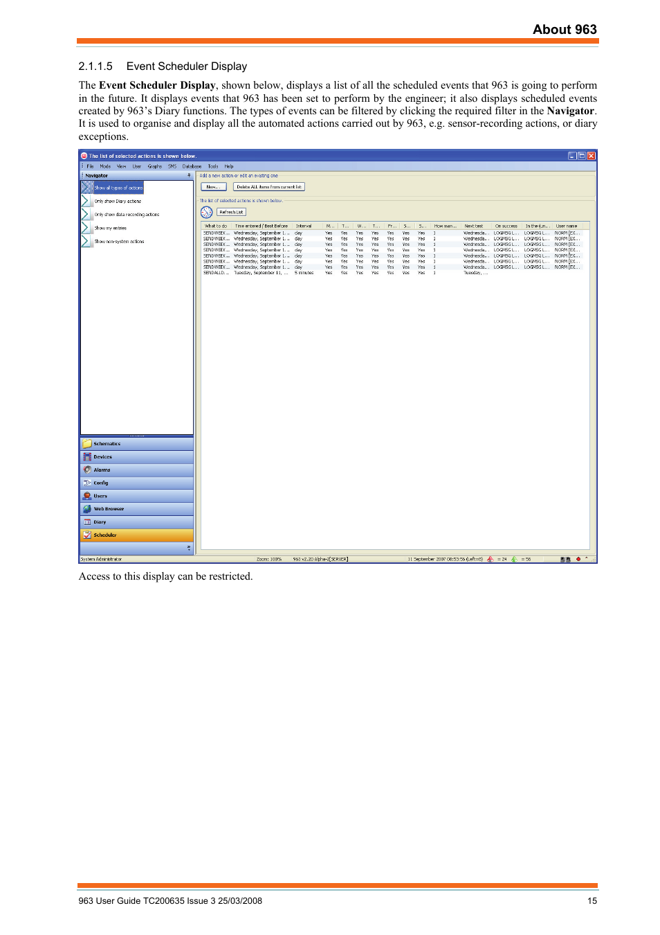 Event scheduler display, About 963 | TREND 963 User Guide User Manual | Page 15 / 96
