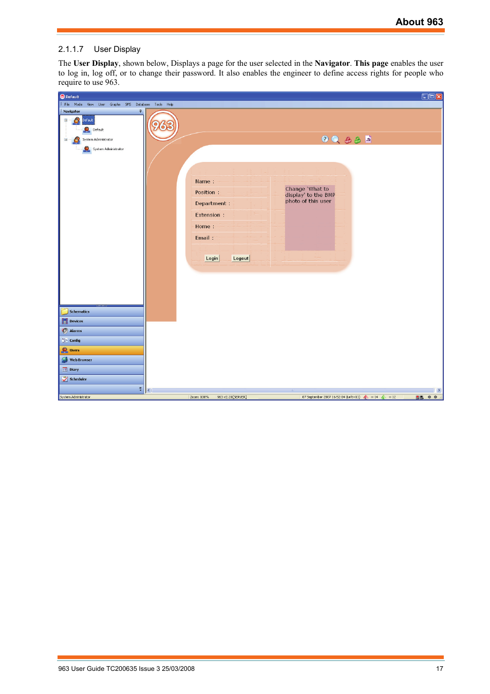 User display, About 963 | TREND 963 User Guide User Manual | Page 17 / 96