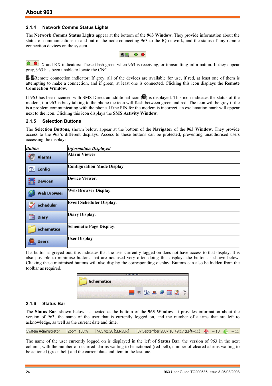 Network comms status lights, Selection buttons, Status bar | TREND 963 User Guide User Manual | Page 24 / 96