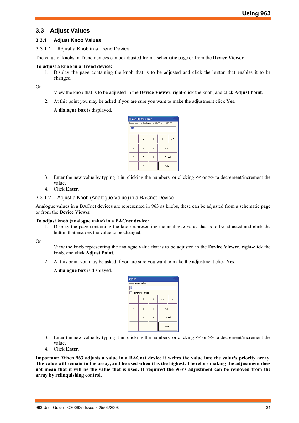 Adjust values, Adjust knob values, Adjust a knob in a trend device | Adjust a knob (analogue value) in a bacnet device | TREND 963 User Guide User Manual | Page 31 / 96