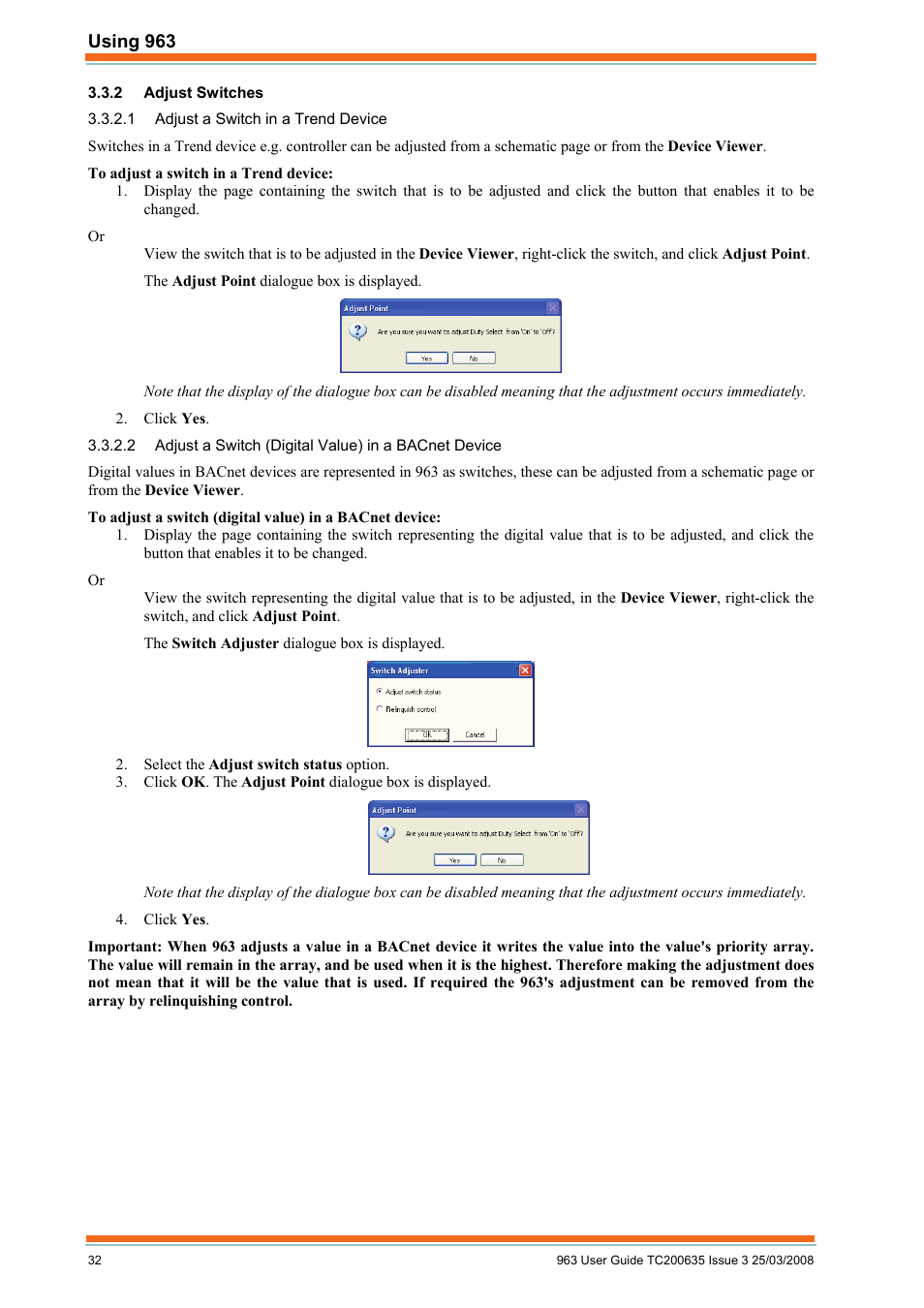 Adjust switches, Adjust a switch in a trend device, Adjust a switch (digital value) in a bacnet device | TREND 963 User Guide User Manual | Page 32 / 96
