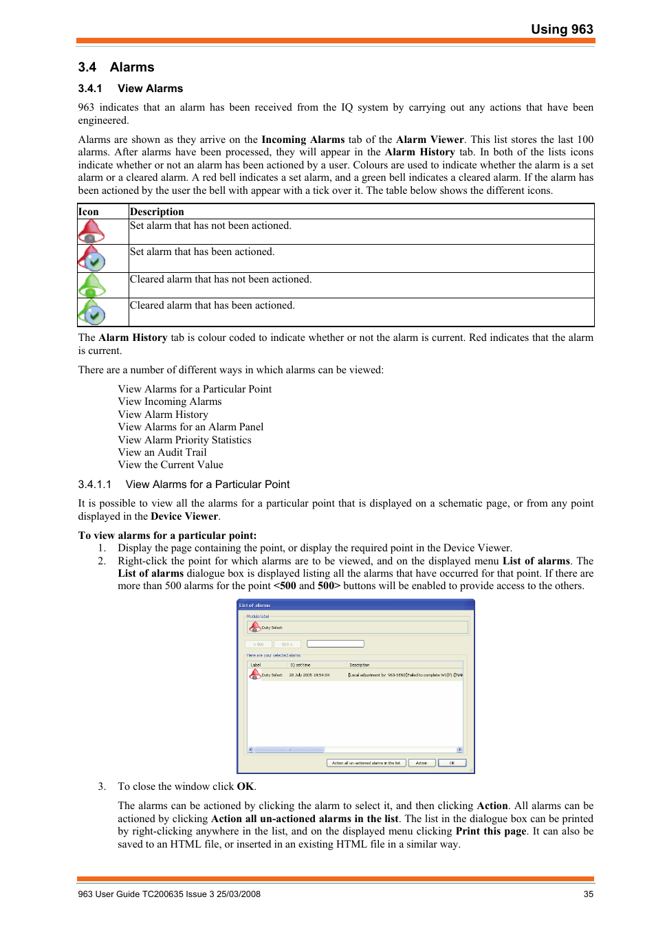 Alarms, View alarms, View alarms for a particular point | TREND 963 User Guide User Manual | Page 35 / 96