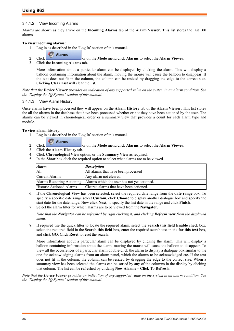 View incoming alarms, View alarm history | TREND 963 User Guide User Manual | Page 36 / 96