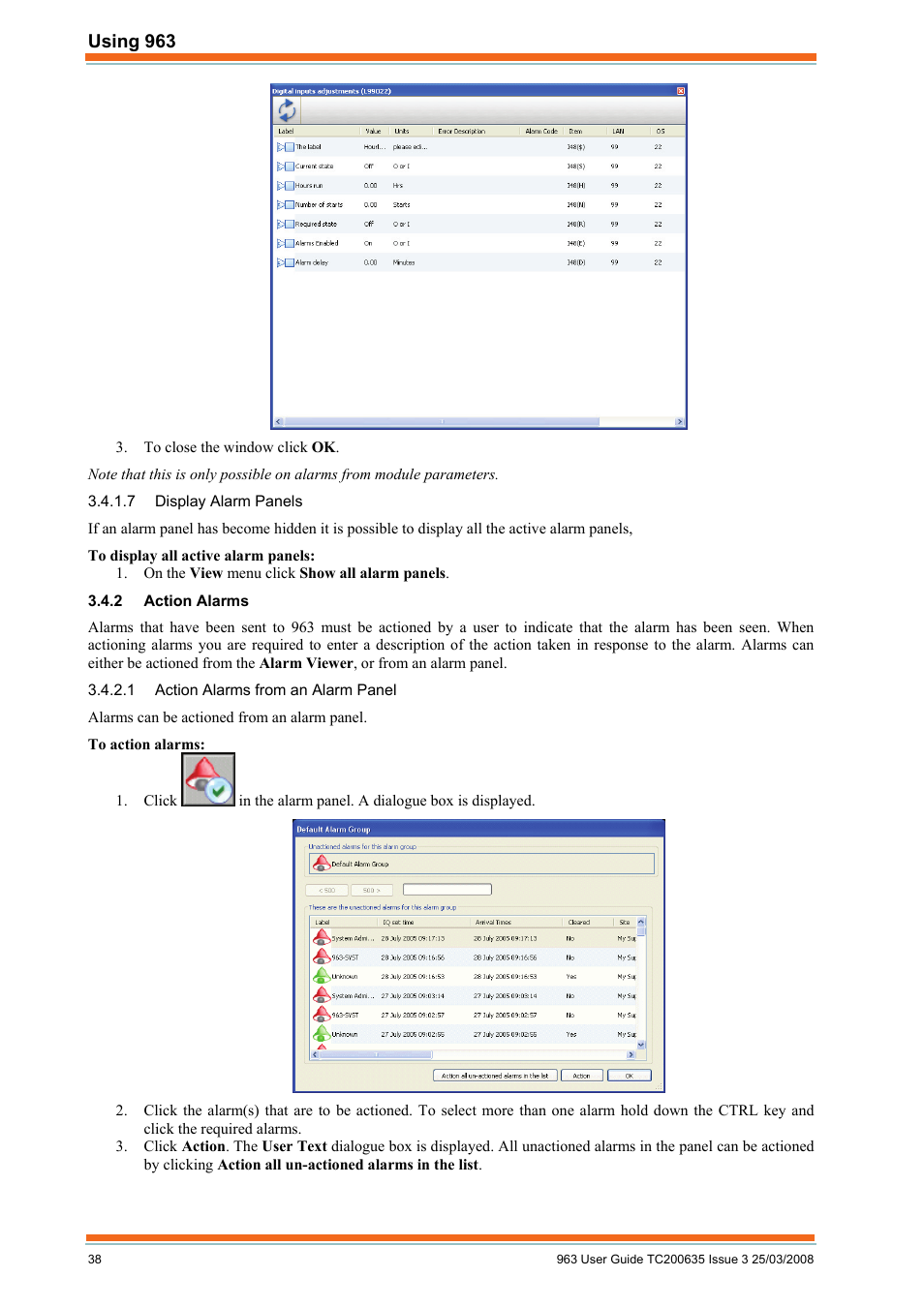 Display alarm panels, Action alarms, Action alarms from an alarm panel | TREND 963 User Guide User Manual | Page 38 / 96