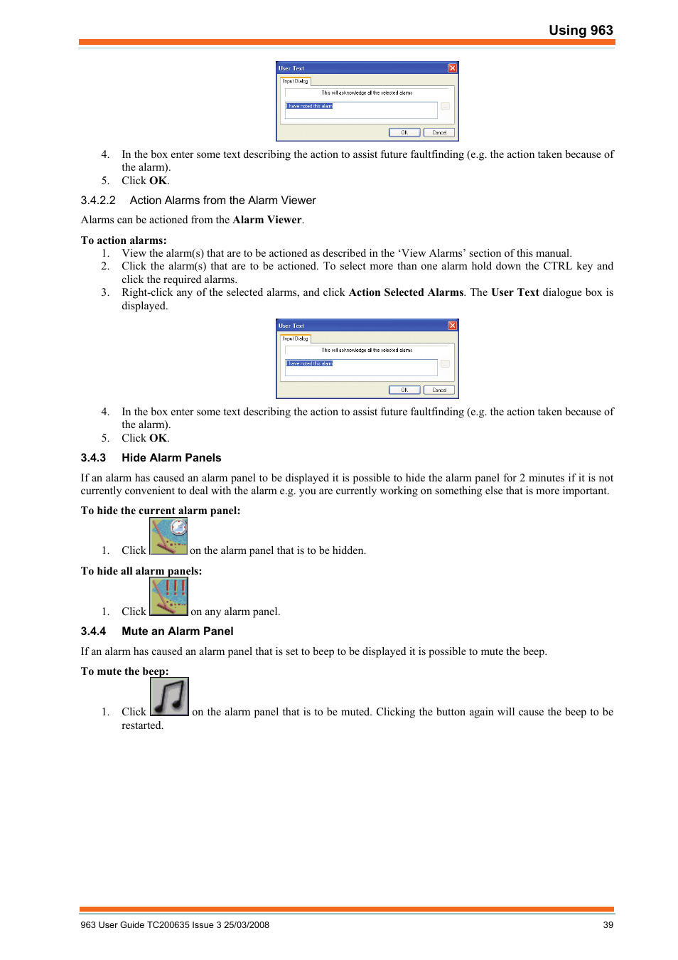 Action alarms from the alarm viewer, Hide alarm panels, Mute an alarm panel | TREND 963 User Guide User Manual | Page 39 / 96