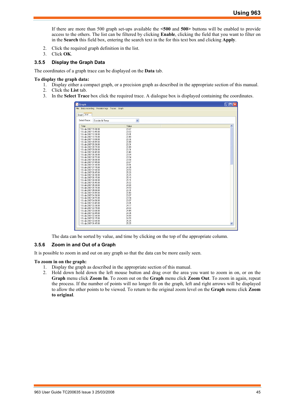 Display the graph data, Zoom in and out of a graph | TREND 963 User Guide User Manual | Page 45 / 96