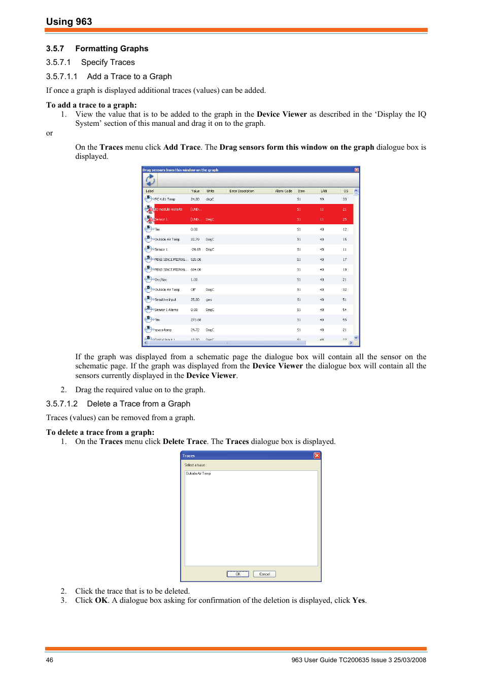 Formatting graphs, Specify traces, Add a trace to a graph | Delete a trace from a graph | TREND 963 User Guide User Manual | Page 46 / 96