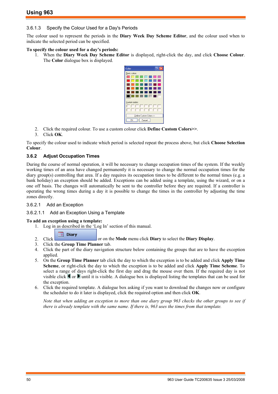 Specify the colour used for a day's periods, Adjust occupation times, Add an exception | Add an exception using a template | TREND 963 User Guide User Manual | Page 50 / 96