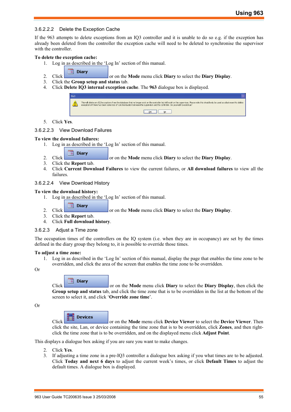 Delete the exception cache, View download failures, View download history | Adjust a time zone | TREND 963 User Guide User Manual | Page 55 / 96