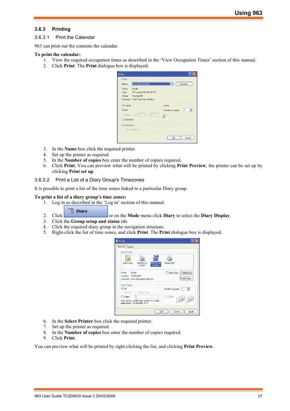 Printing, Print the calendar, Print a list of a diary group's timezones | TREND 963 User Guide User Manual | Page 57 / 96