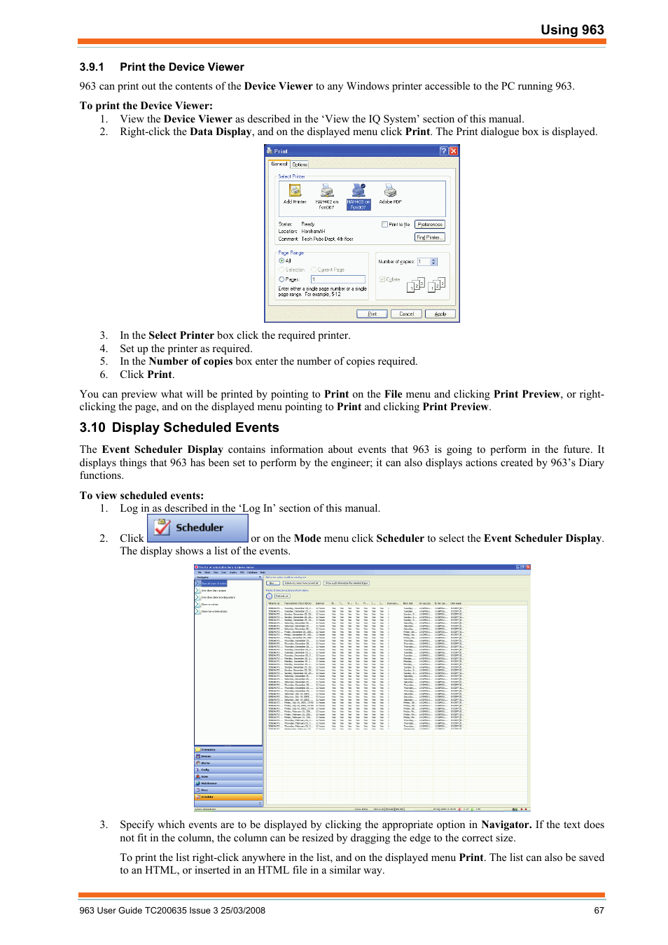 Print the device viewer, Display scheduled events | TREND 963 User Guide User Manual | Page 67 / 96