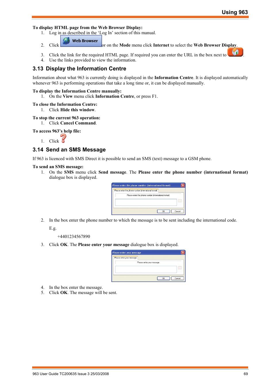 Display the information centre, Send an sms message | TREND 963 User Guide User Manual | Page 69 / 96