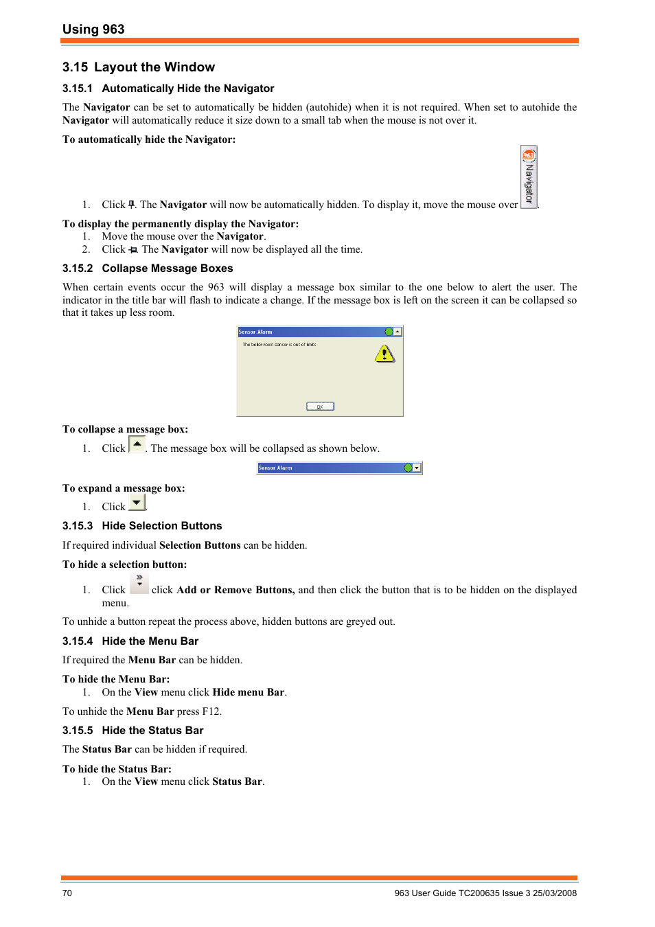 Layout the window, Automatically hide the navigator, Collapse message boxes | Hide selection buttons, Hide the menu bar, Hide the status bar | TREND 963 User Guide User Manual | Page 70 / 96