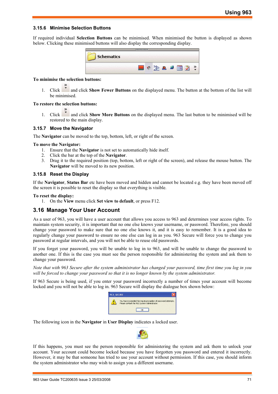 Minimise selection buttons, Move the navigator, Reset the display | Manage your user account | TREND 963 User Guide User Manual | Page 71 / 96