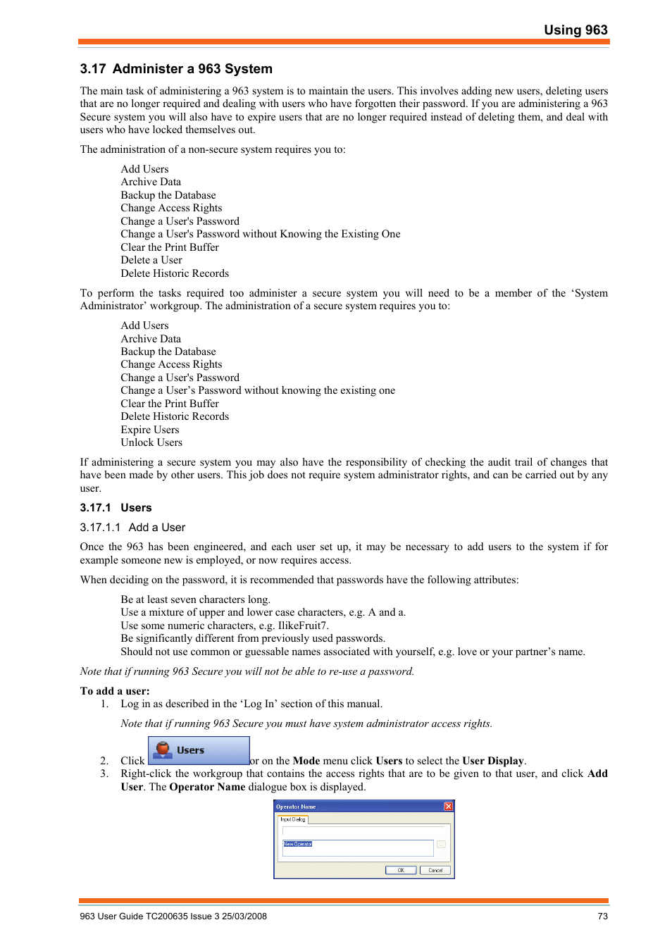 Administer a 963 system, Users, Add a user | TREND 963 User Guide User Manual | Page 73 / 96