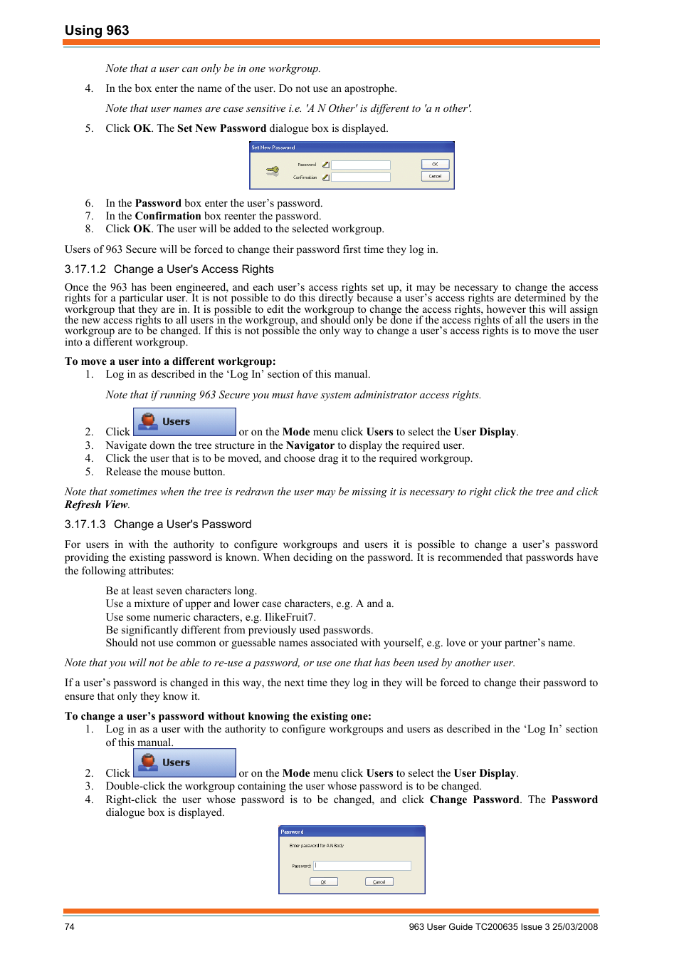 Change a user's access rights, Change a user's password | TREND 963 User Guide User Manual | Page 74 / 96