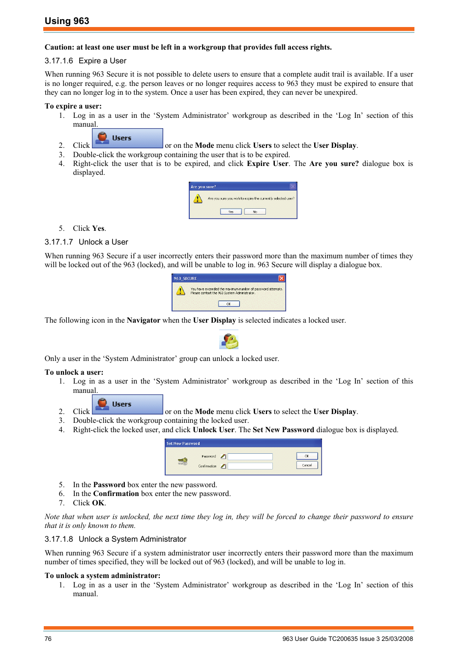 Expire a user, Unlock a user, Unlock a system administrator | TREND 963 User Guide User Manual | Page 76 / 96