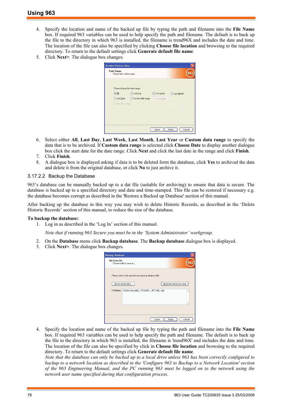 Backup the database | TREND 963 User Guide User Manual | Page 78 / 96