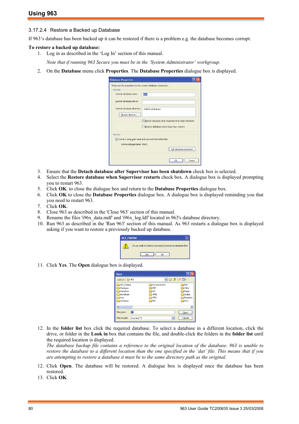 Restore a backed up database | TREND 963 User Guide User Manual | Page 80 / 96