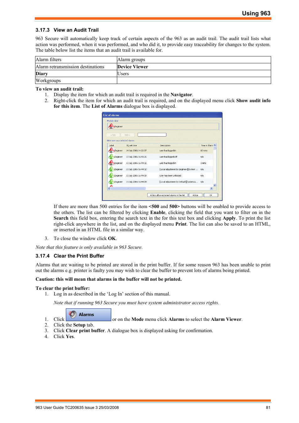 View an audit trail, Clear the print buffer | TREND 963 User Guide User Manual | Page 81 / 96
