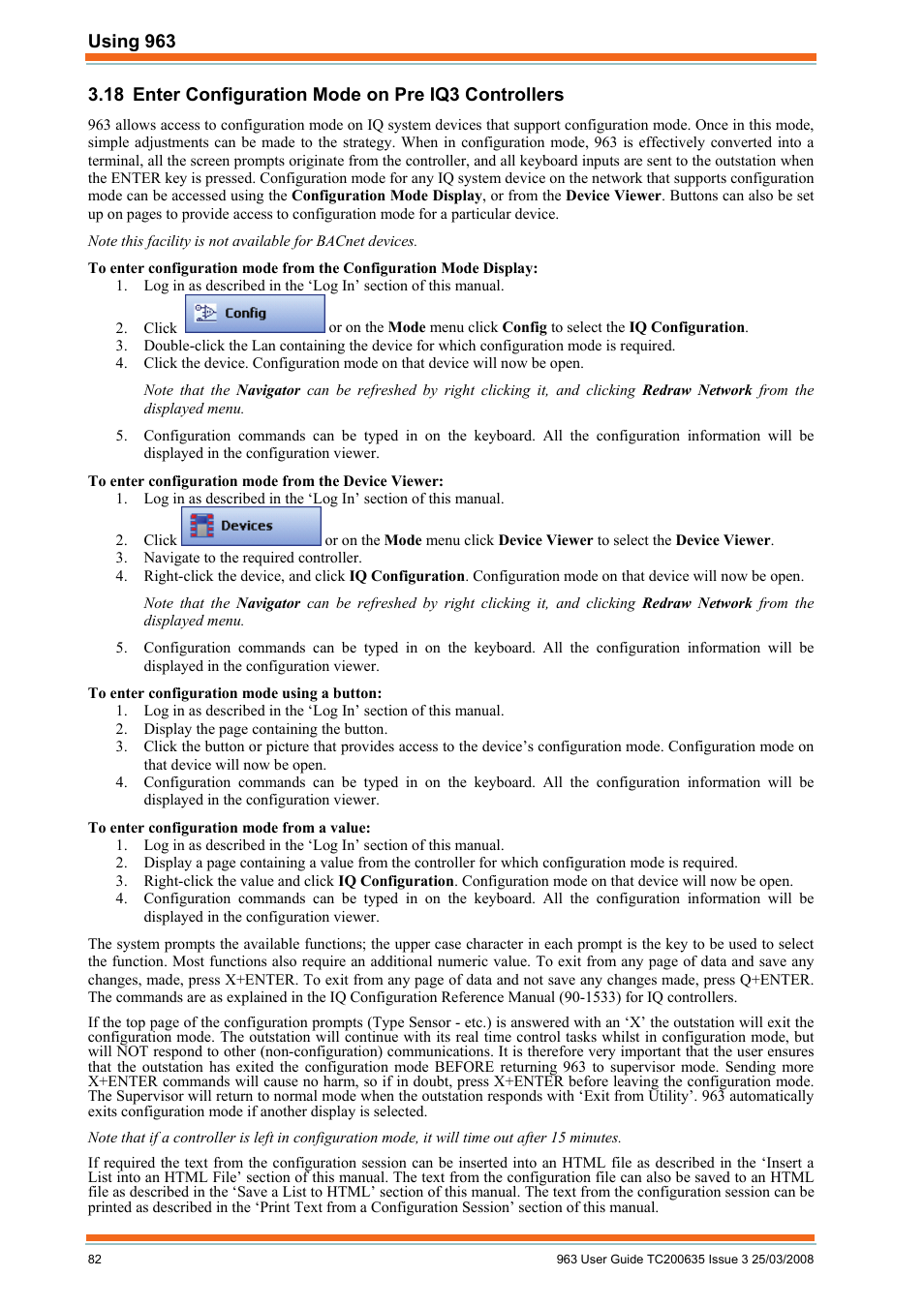 Enter configuration mode on pre iq3 controllers | TREND 963 User Guide User Manual | Page 82 / 96
