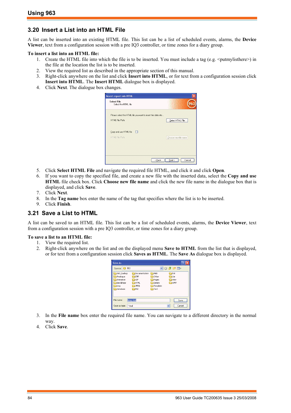 Insert a list into an html file, Save a list to html | TREND 963 User Guide User Manual | Page 84 / 96