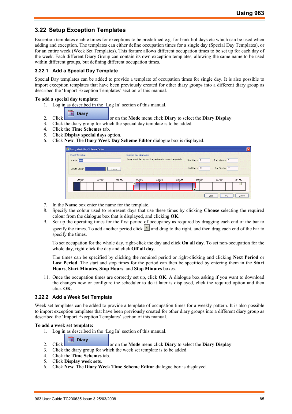 Setup exception templates, Add a special day template, Add a week set template | TREND 963 User Guide User Manual | Page 85 / 96