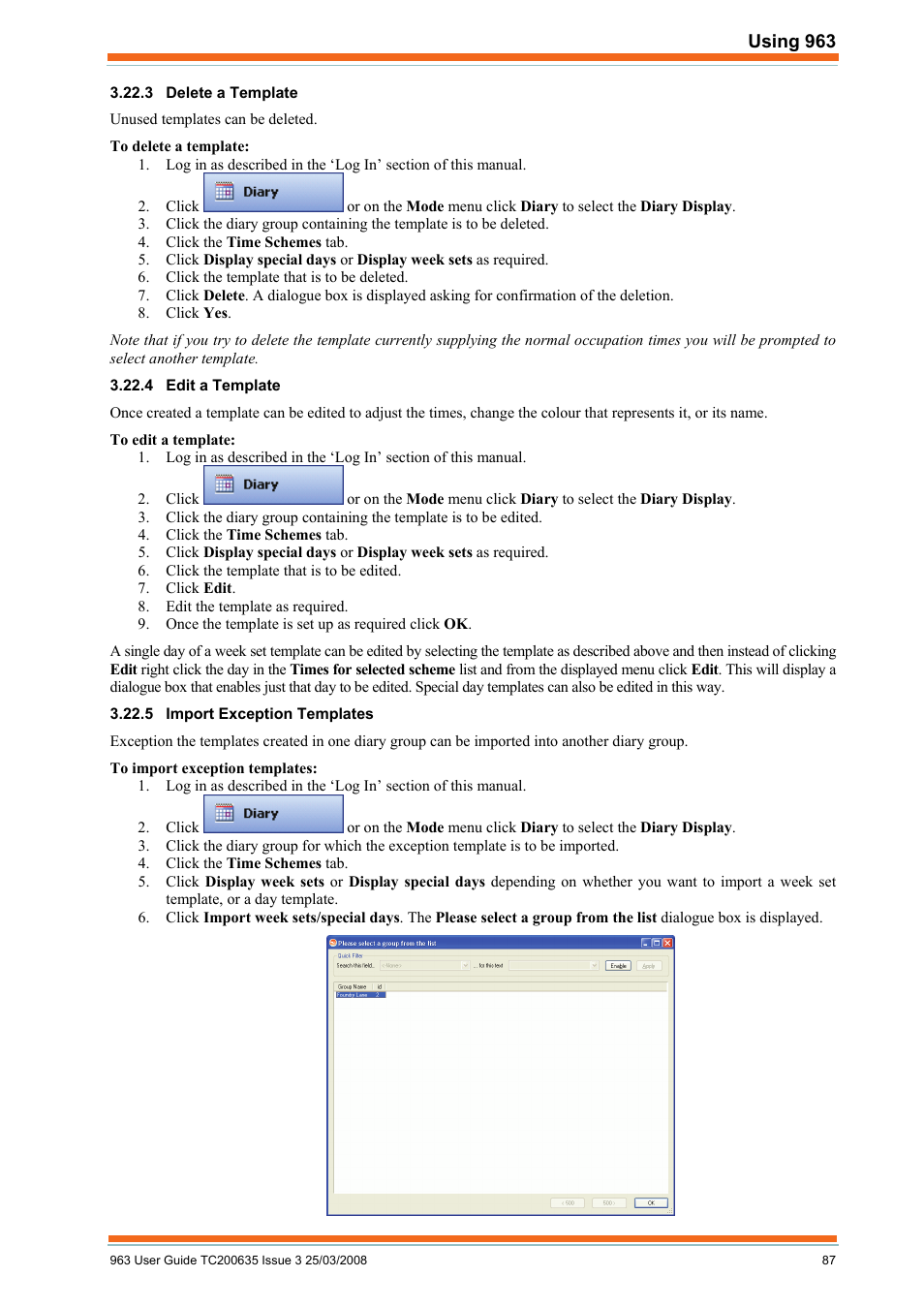 Delete a template, Edit a template, Import exception templates | TREND 963 User Guide User Manual | Page 87 / 96