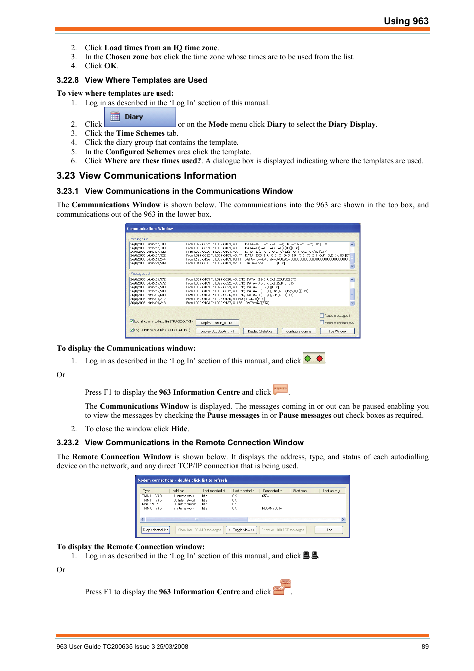 View where templates are used, View communications information, View communications in the communications window | TREND 963 User Guide User Manual | Page 89 / 96