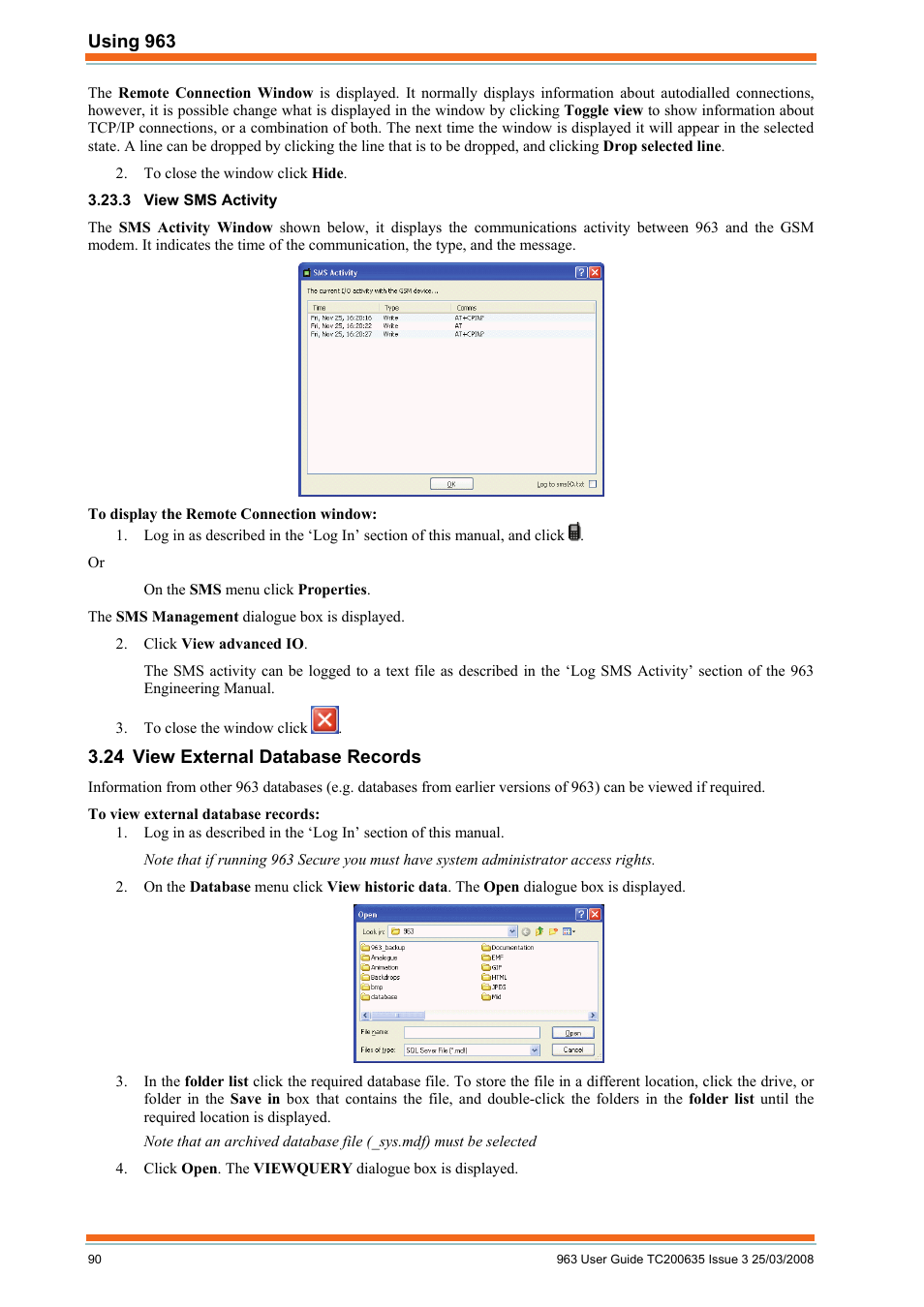 View sms activity, View external database records | TREND 963 User Guide User Manual | Page 90 / 96